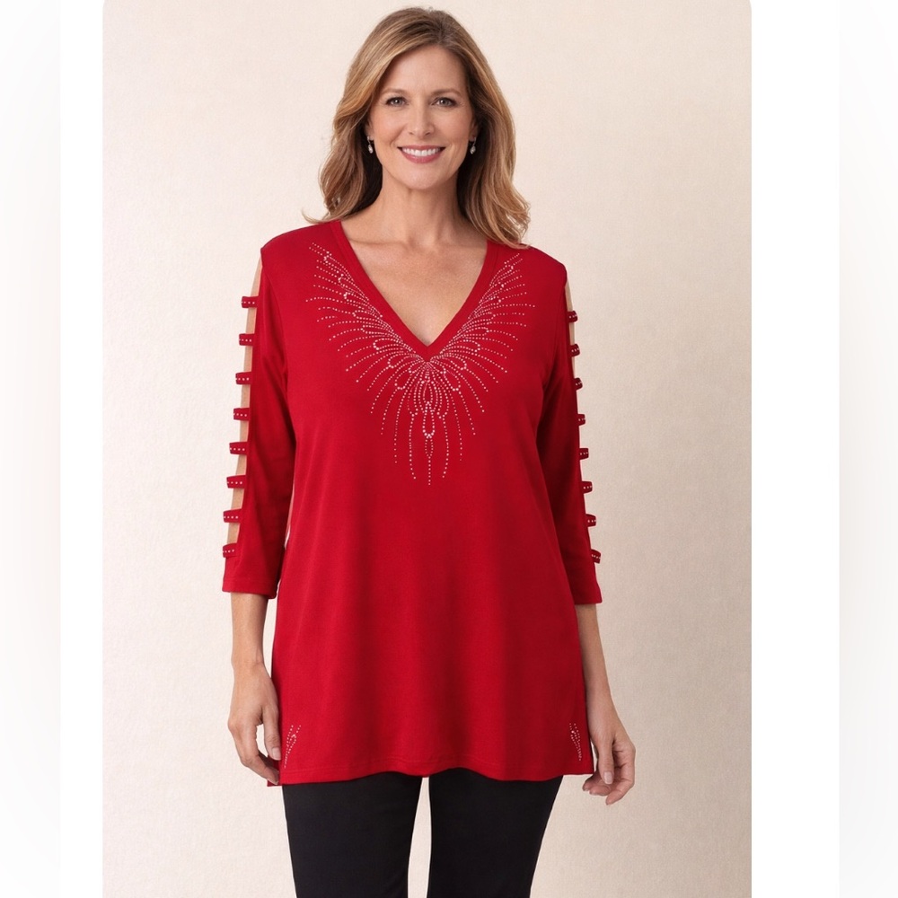 MY BLINGBLING Red V-Neck Rhinestone Studded Ladder Sleeve Tunic Top M NWOT